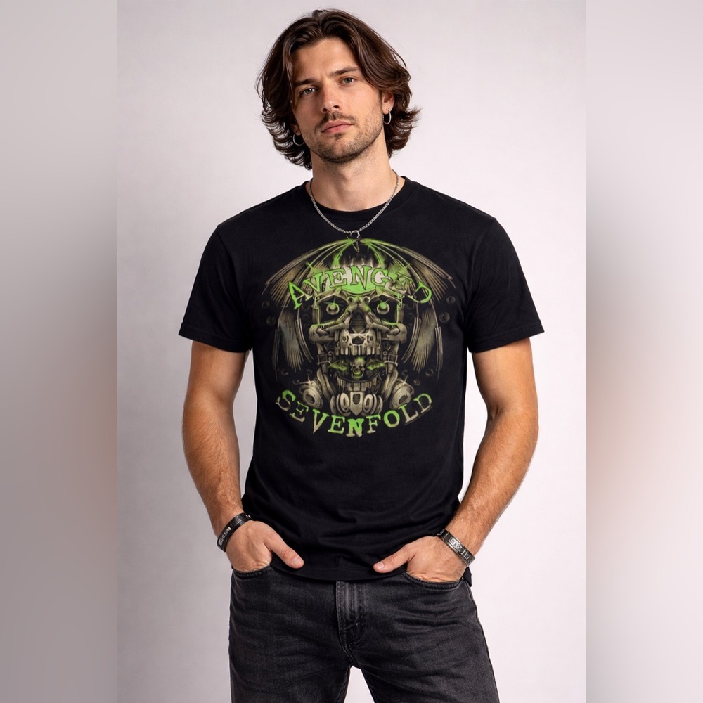 Avenged Sevenfold T-Shirt Size Medium Black Neon Green Deathbat Skull Band Tee
